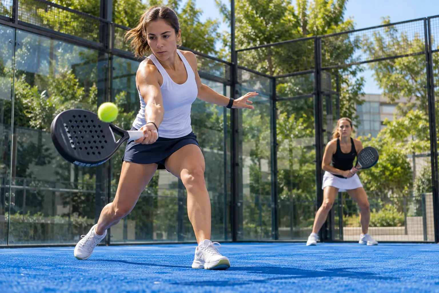 A woman playing a padel rally · AI-generated illustrative imagery